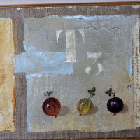 Triptych oil on canvas fruit painting by Frederique Ferron showing unfinished abstract panels