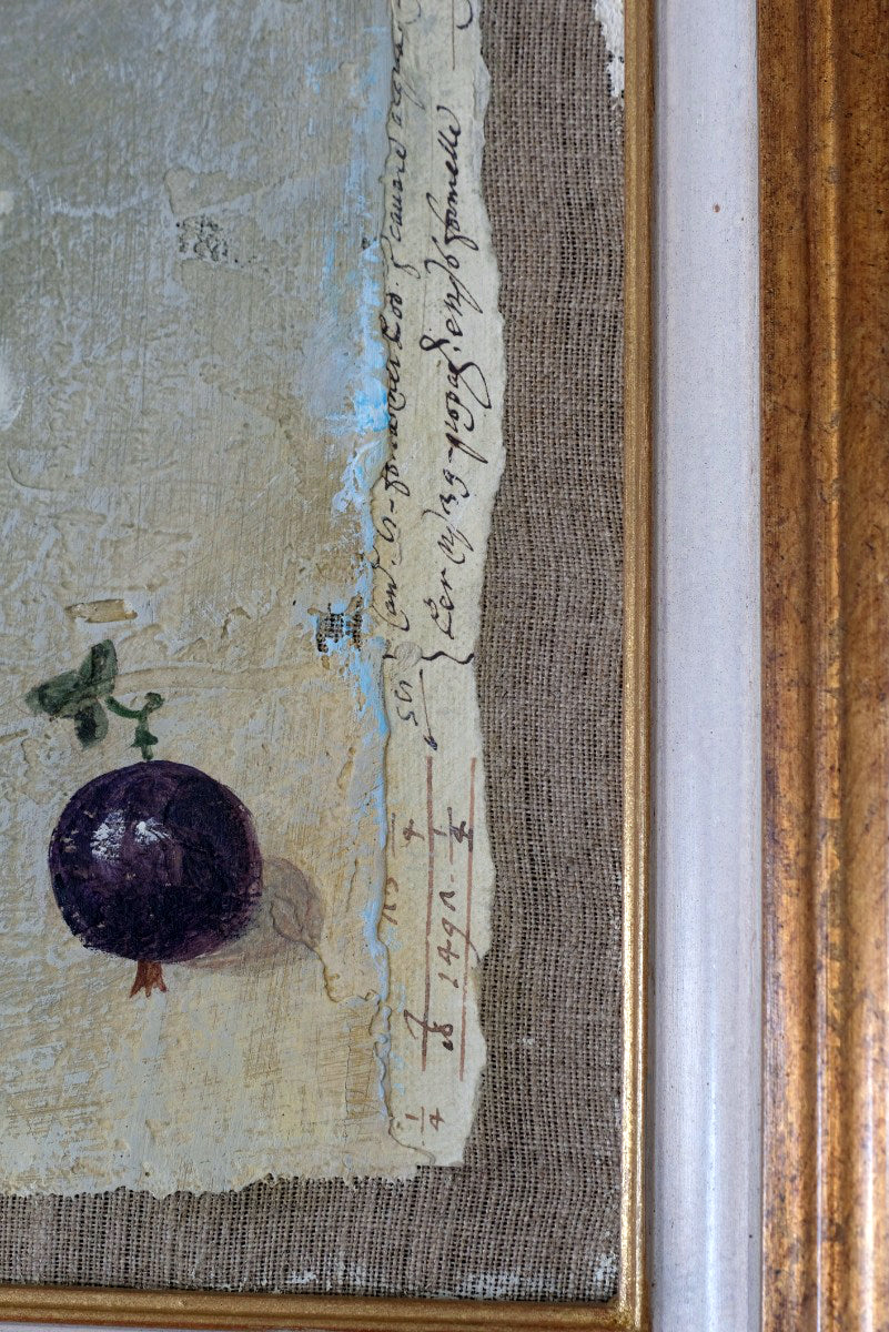 Triptych oil on canvas fruit painting by Frederique Ferron showing unfinished abstract panels