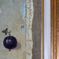 Triptych oil on canvas fruit painting by Frederique Ferron showing unfinished abstract panels