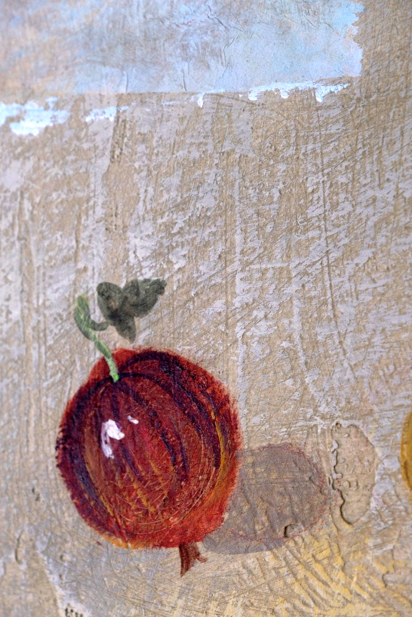 Triptych oil on canvas fruit painting by Frederique Ferron showing unfinished abstract panels