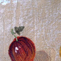 Triptych oil on canvas fruit painting by Frederique Ferron showing unfinished abstract panels