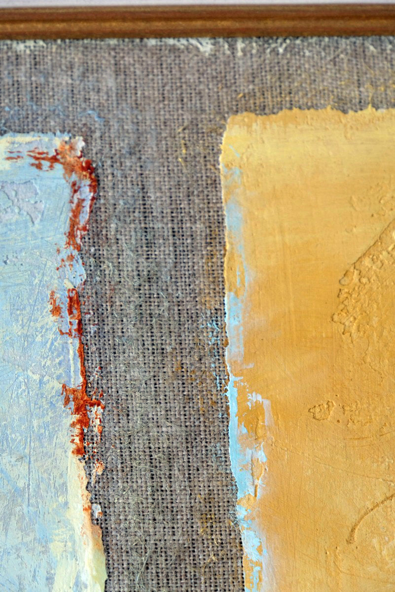 Triptych oil on canvas fruit painting by Frederique Ferron showing unfinished abstract panels