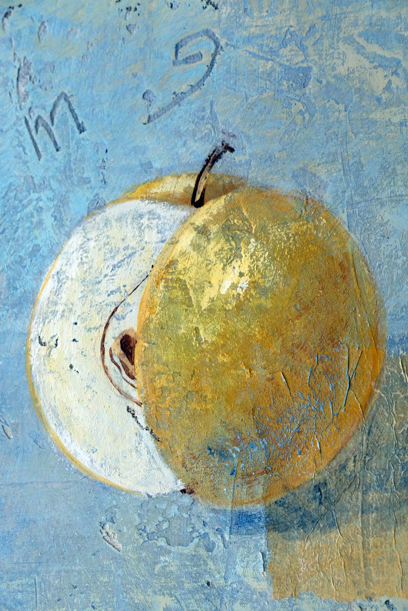 Triptych oil on canvas fruit painting by Frederique Ferron showing unfinished abstract panels