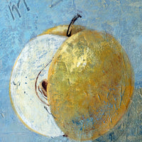 Triptych oil on canvas fruit painting by Frederique Ferron showing unfinished abstract panels