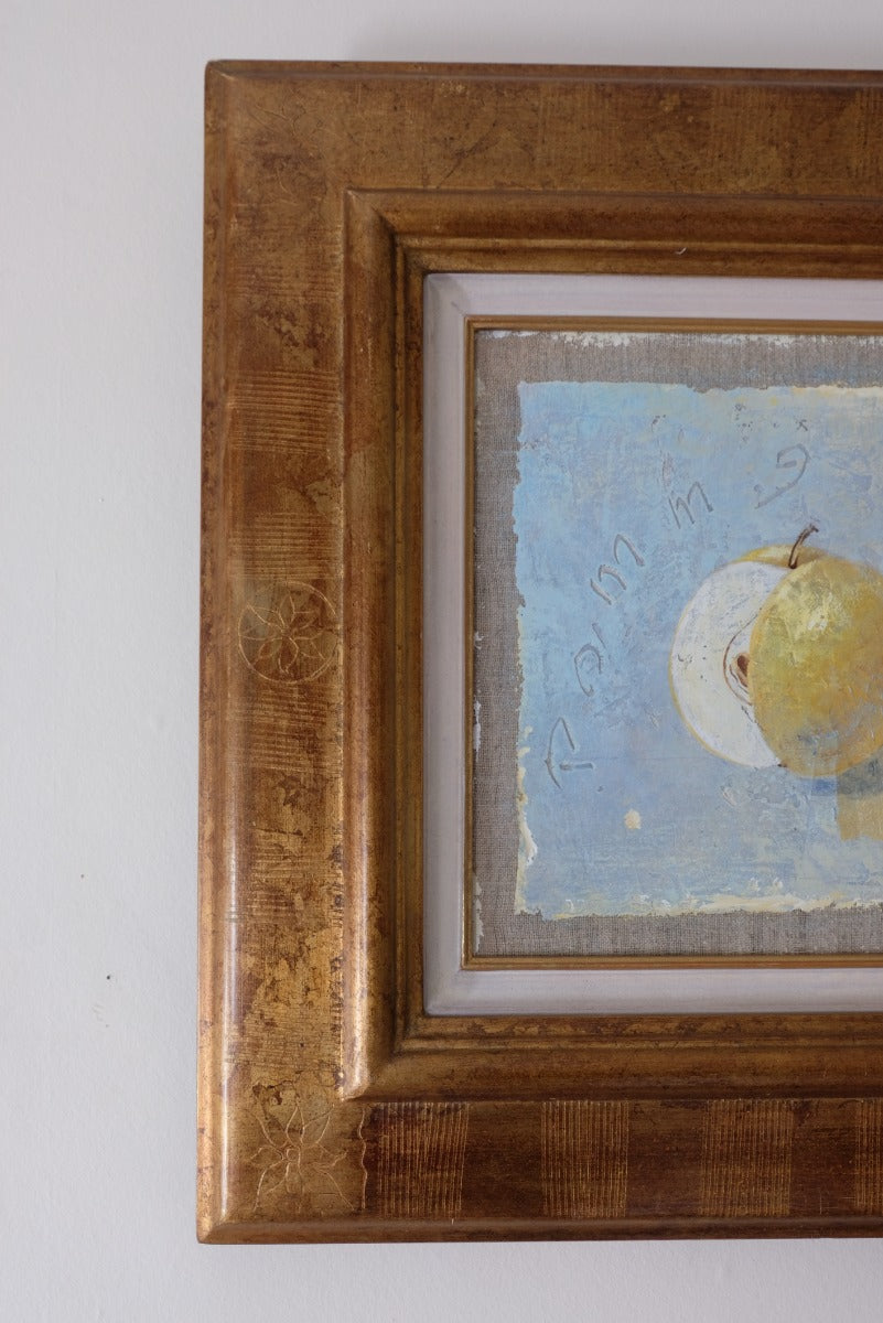 Triptych oil on canvas fruit painting by Frederique Ferron showing unfinished abstract panels