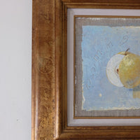 Triptych oil on canvas fruit painting by Frederique Ferron showing unfinished abstract panels