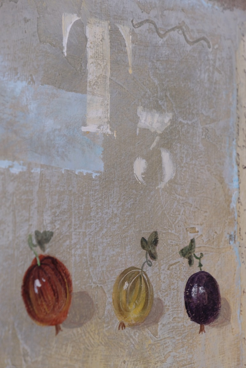Triptych oil on canvas fruit painting by Frederique Ferron showing unfinished abstract panels