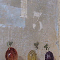 Triptych oil on canvas fruit painting by Frederique Ferron showing unfinished abstract panels
