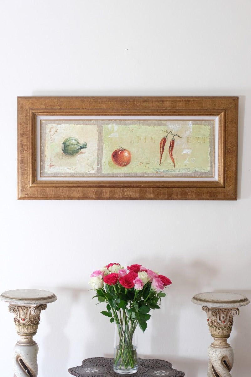 A Trio Of Fruits by F Ferron half finished painting triptych on open weave linen canvas