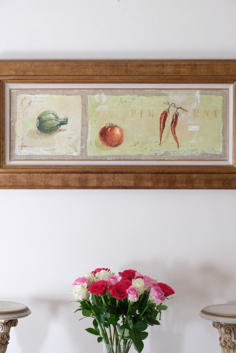 A Trio Of Fruits by F Ferron half finished painting triptych on open weave linen canvas