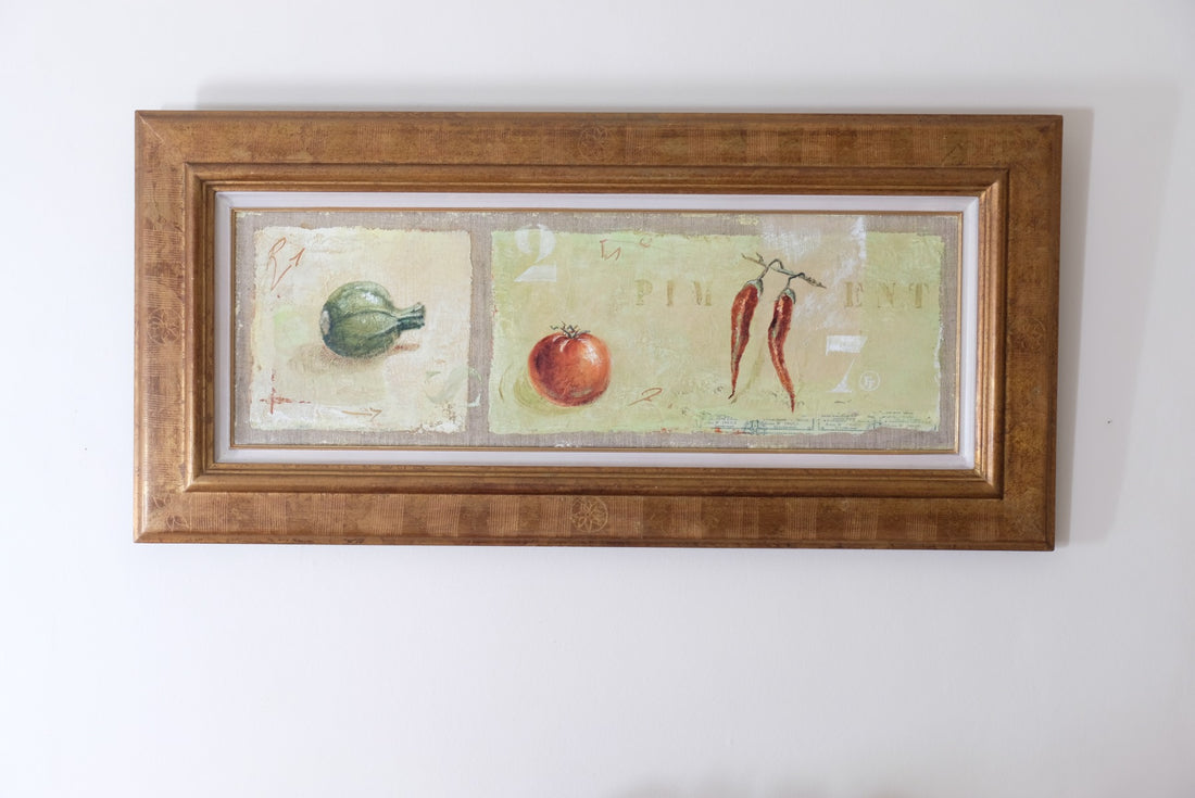 A Trio Of Fruits by F Ferron half finished painting triptych on open weave linen canvas