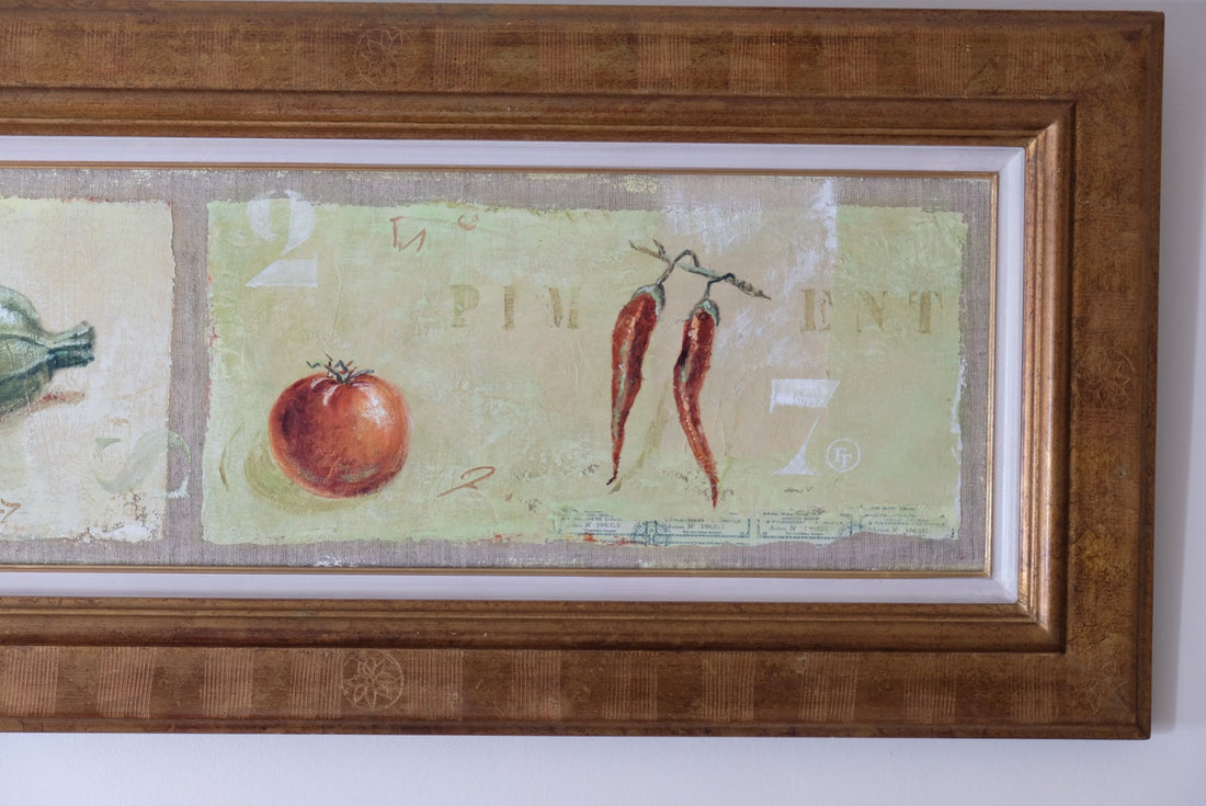 A Trio Of Fruits by F Ferron half finished painting triptych on open weave linen canvas