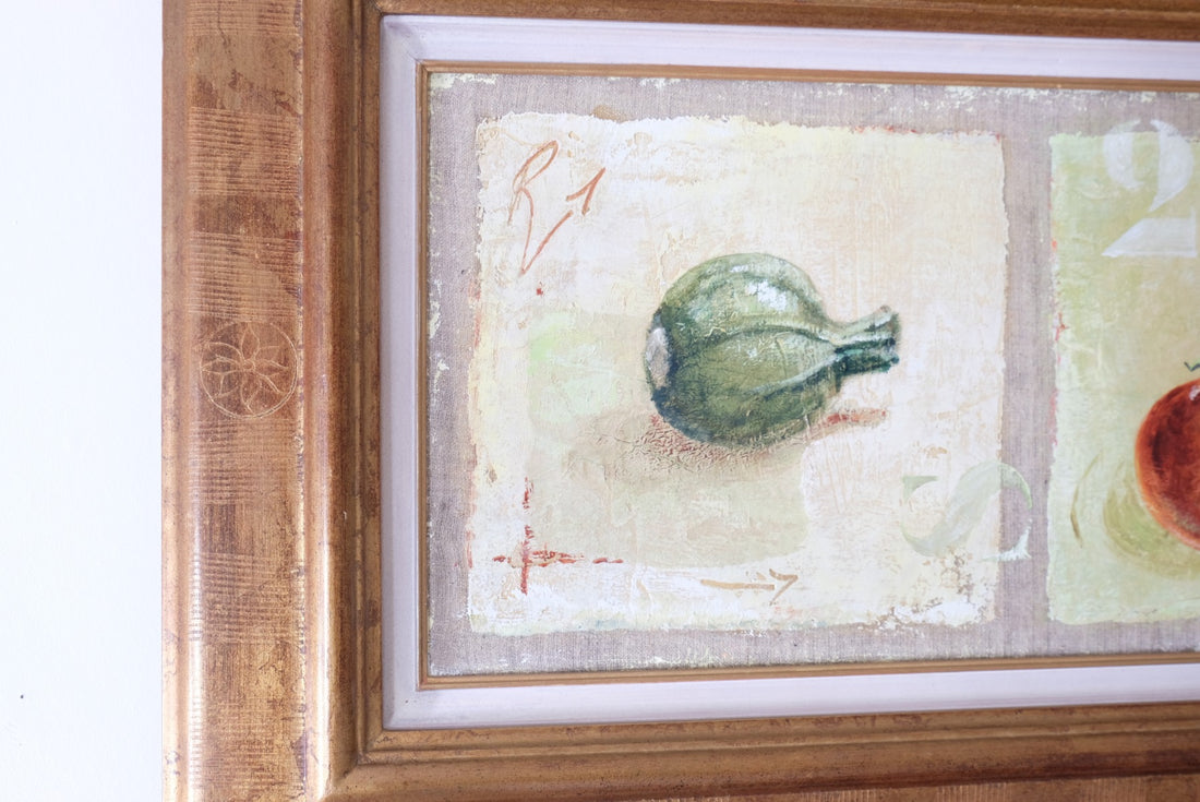 A Trio Of Fruits by F Ferron half finished painting triptych on open weave linen canvas