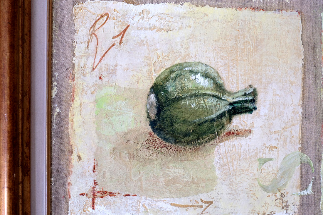 A Trio Of Fruits by F Ferron half finished painting triptych on open weave linen canvas