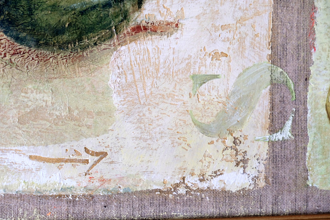 A Trio Of Fruits by F Ferron half finished painting triptych on open weave linen canvas