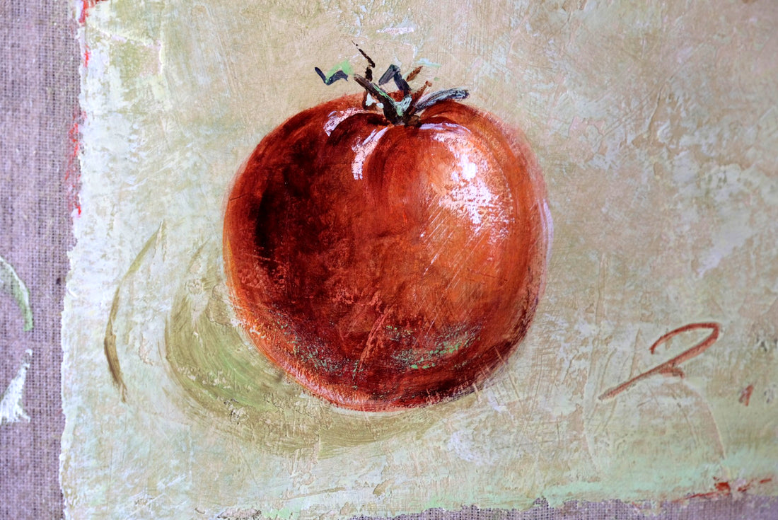 A Trio Of Fruits by F Ferron half finished painting triptych on open weave linen canvas