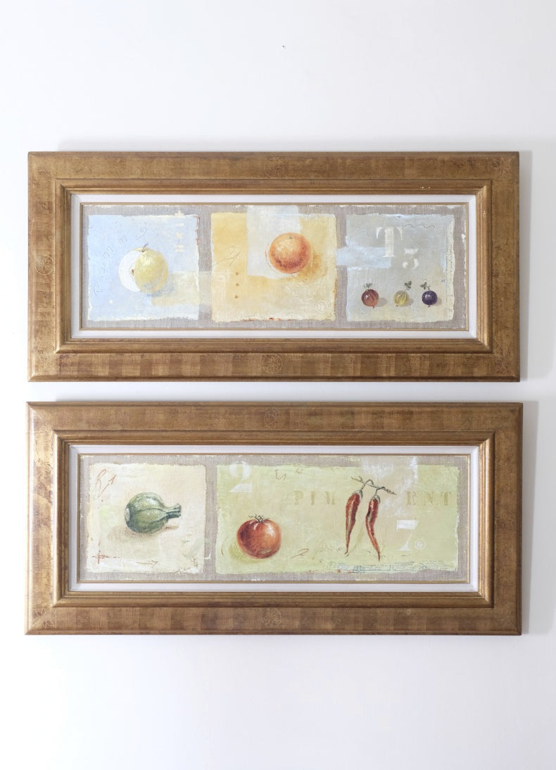 Triptych oil on canvas fruit painting by Frederique Ferron showing unfinished abstract panels