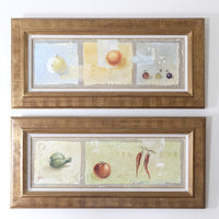 Triptych oil on canvas fruit painting by Frederique Ferron showing unfinished abstract panels
