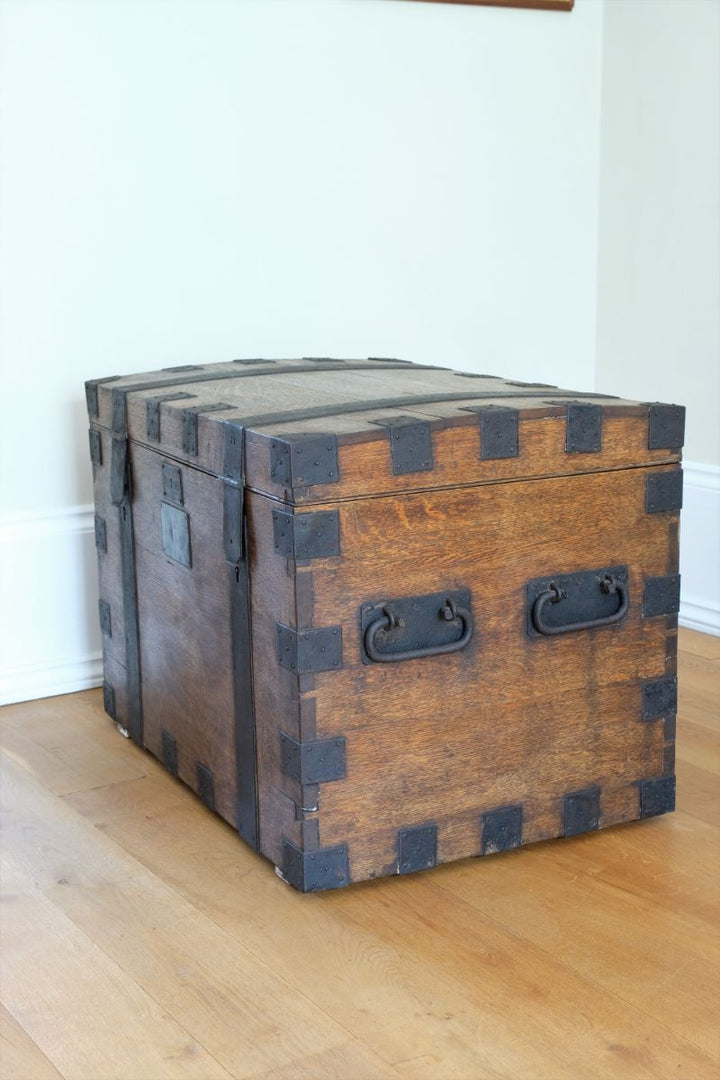 Victorian Metal Bound Oak Plate Chest with Domed Lid