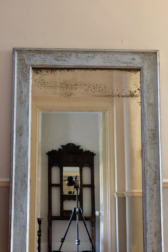 What A Gem! Original Foxed Mirror Plate With Layers Of Old Blue Distressed Paint.