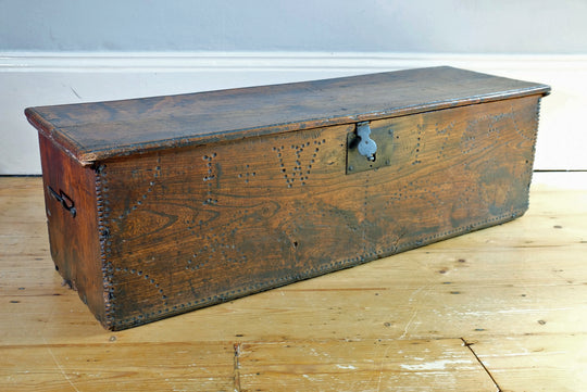 Dated 1765 - 18th Century Six Board Elm Chipped Carved Coffer