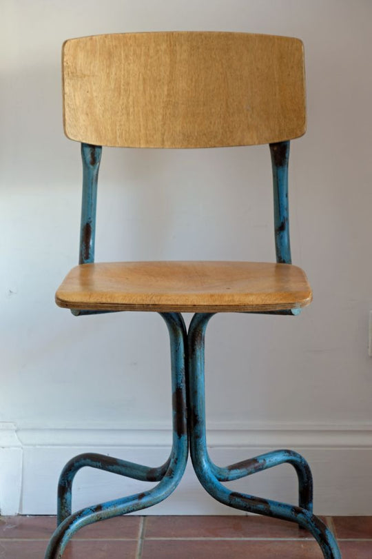 Industrial blue painted metal & ply task chairs