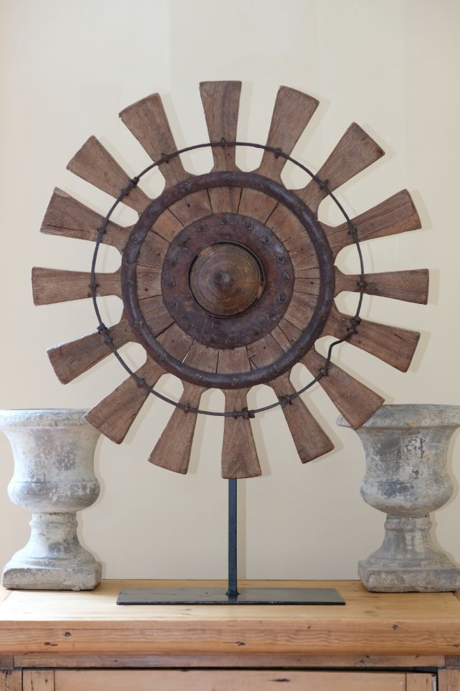 Teak and wrought iron metal wheel sculpture 55 cm diameter