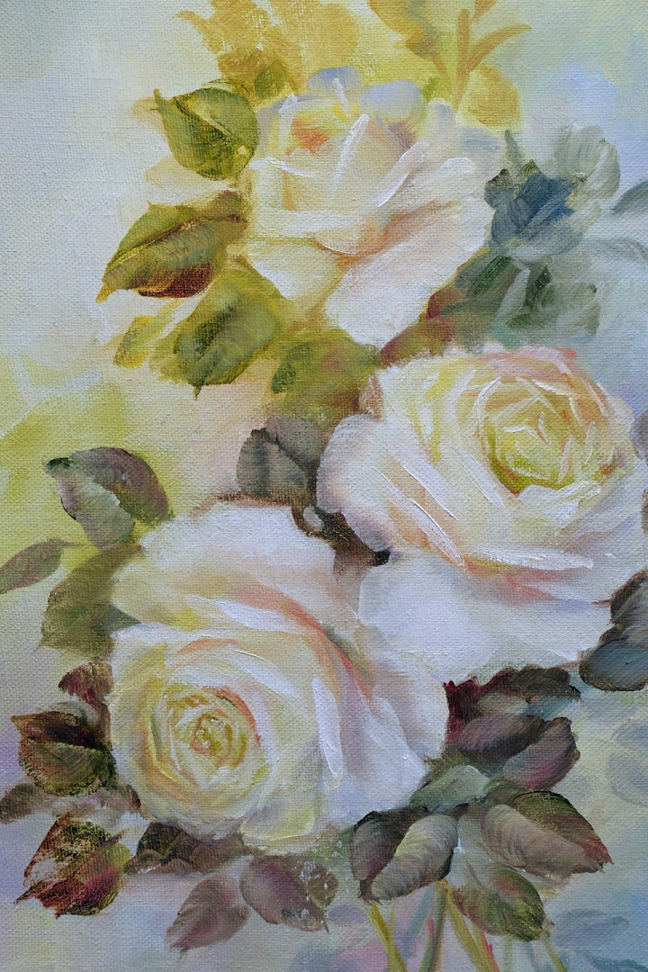 Atmospheric still life composition of yellow roses - oil on canvas by Mildred B. Yeiser