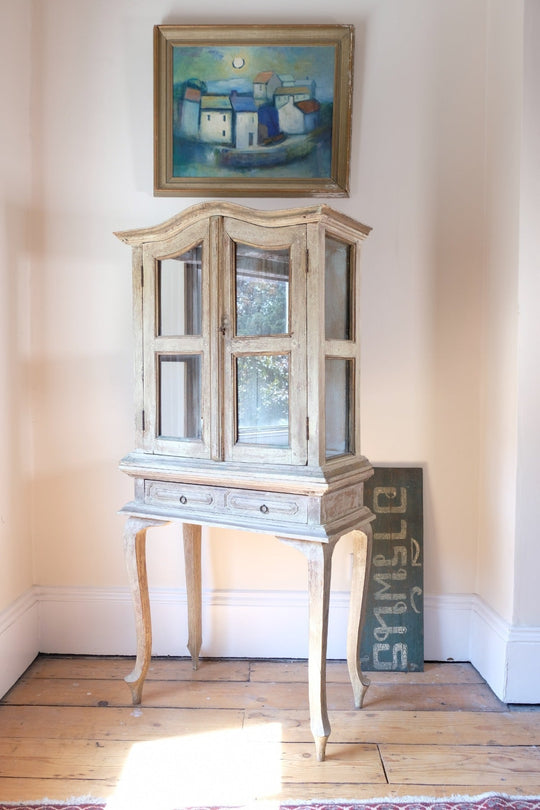 A French Treasure: Painted Glass Display Cabinet Full of Character