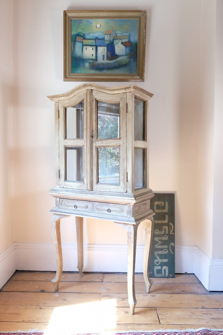 A French Treasure: Painted Glass Display Cabinet Full of Character