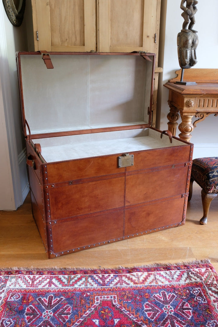 Vintage English Steamer Trunk in Tan Leather - Classic craftsmanship, reimagined.