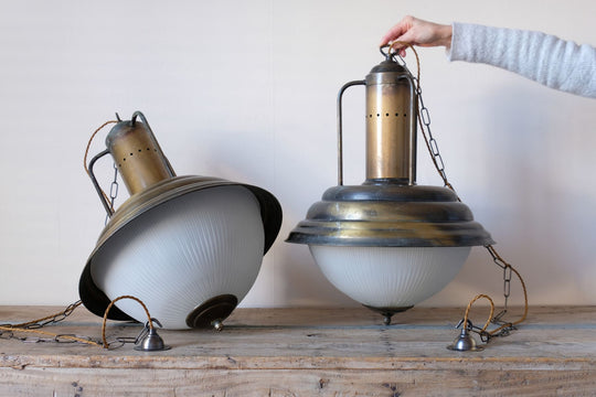 Ribbed Holophane & Brass Industrial Style Hanging Lights