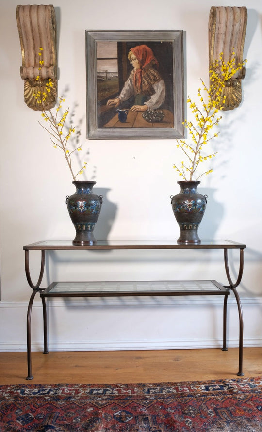 Console Table Metal & Glass With A Patinated Copper Finish