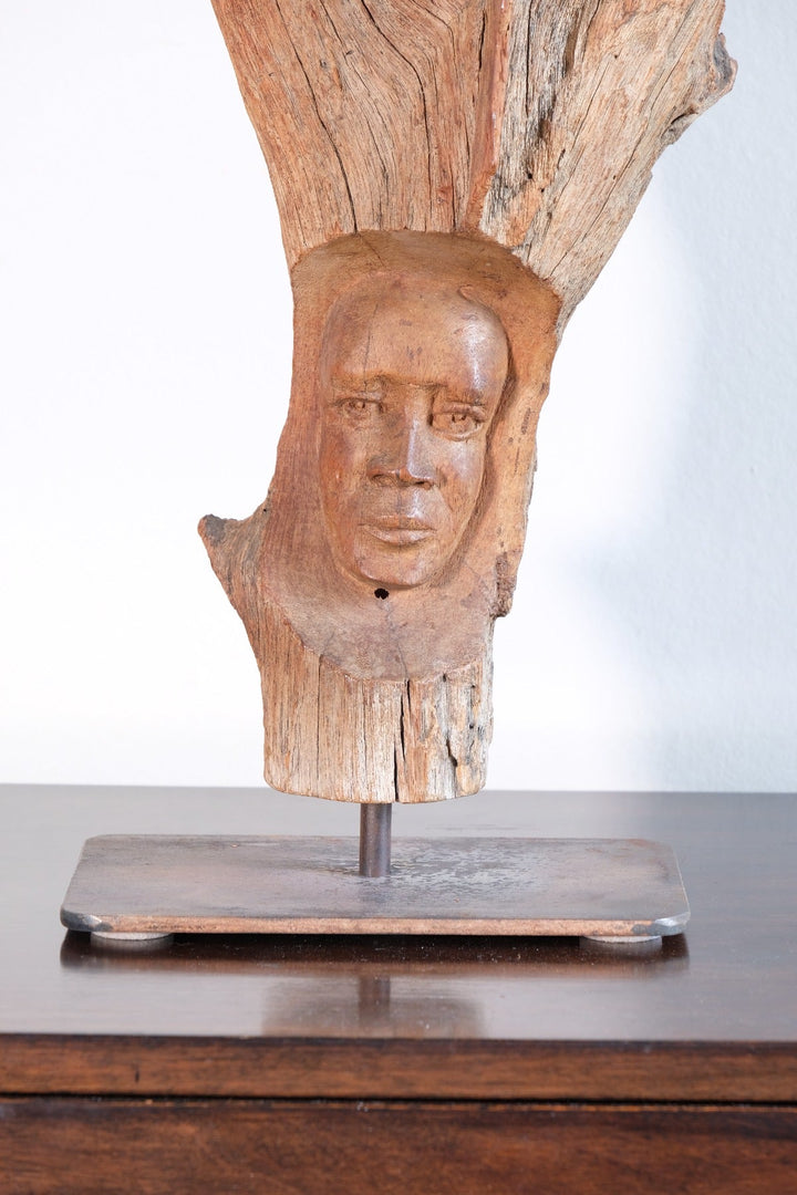 Primitive Driftwood Folk Art Face Sculpture – Carved from Beachfound Wood