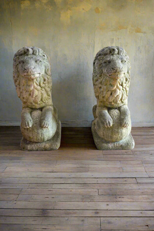 Weathered Stone Lion Guardian Statues with Orb - Timeless Garden Charm