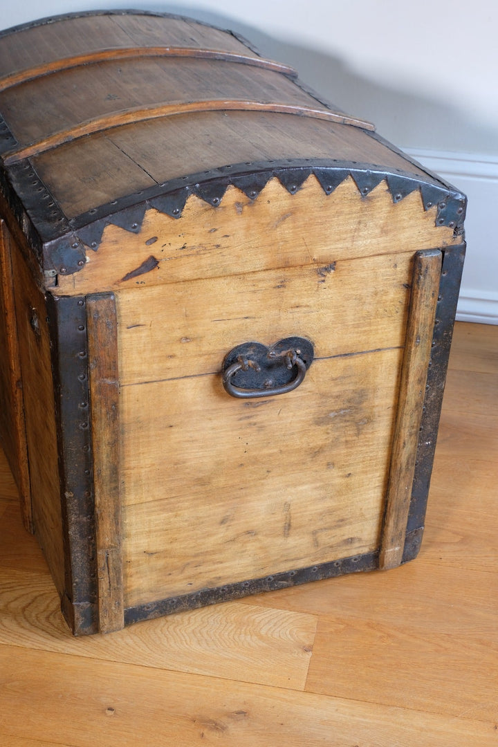 Antique Pine Domed Trunk with Iron Straps, Late Victorian c.1880