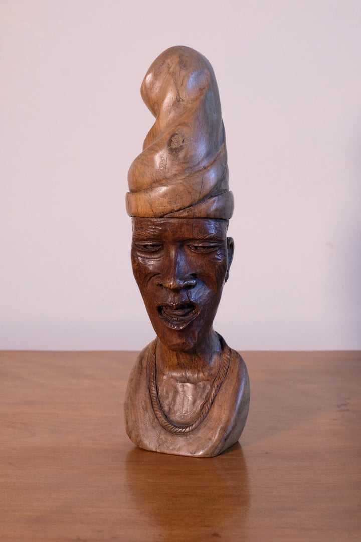 African Wooden Bust Sculpture: A Vintage Hand-Carved Tribal Portrait for Soulful Interiors