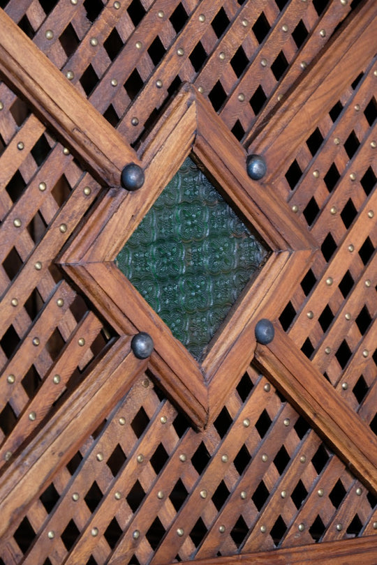 Vintage Teak Linen Cupboard with Lattice and Stained Glass