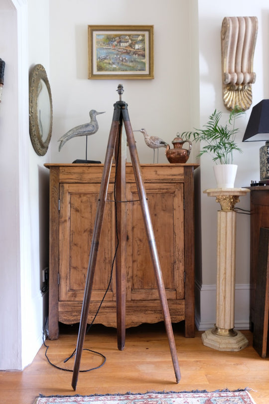 Mahogany & Brass Surveyor's Tripod Stand Now A Standard Lamp