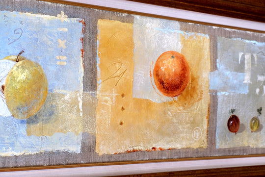 Triptych Oil Painting by Frederique Ferron – Unfinished Abstract Fruit on Canvas