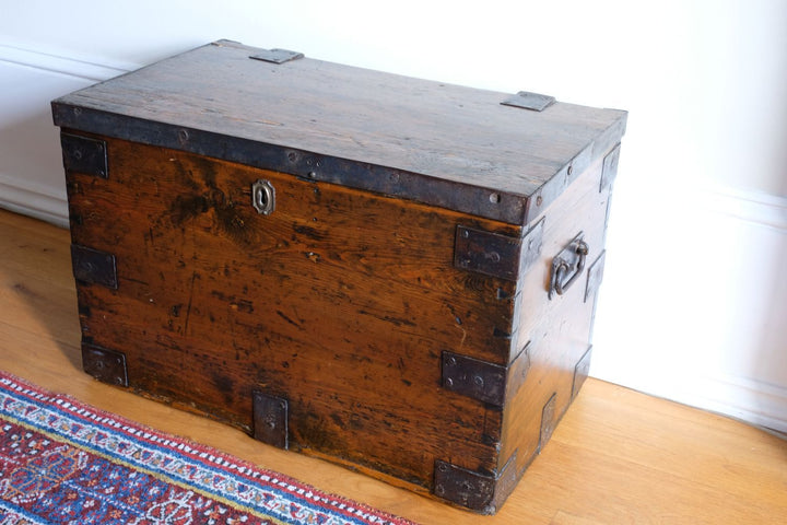 Small Antique Stained Iron Bound Chest