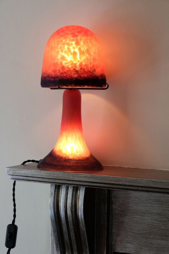 Art Deco mushroom shape glass lamp with opaque red & blue shade & base