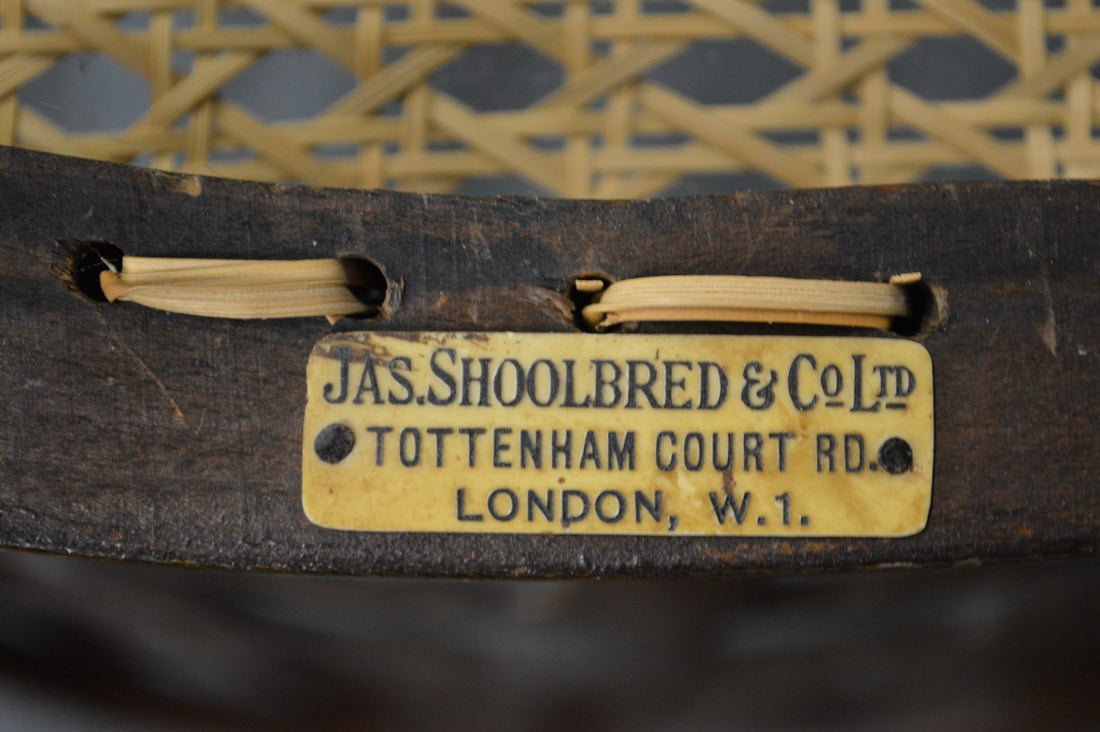 Makers Mark Label - Rare Jas Shoolbred bentwood lattice back armchair with cane seat and pierced Arts & Crafts design