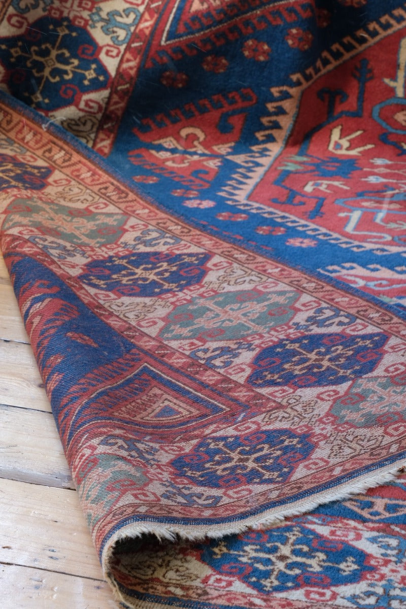 Turkish Wool Blue Ground Rug With Three Red Medallions