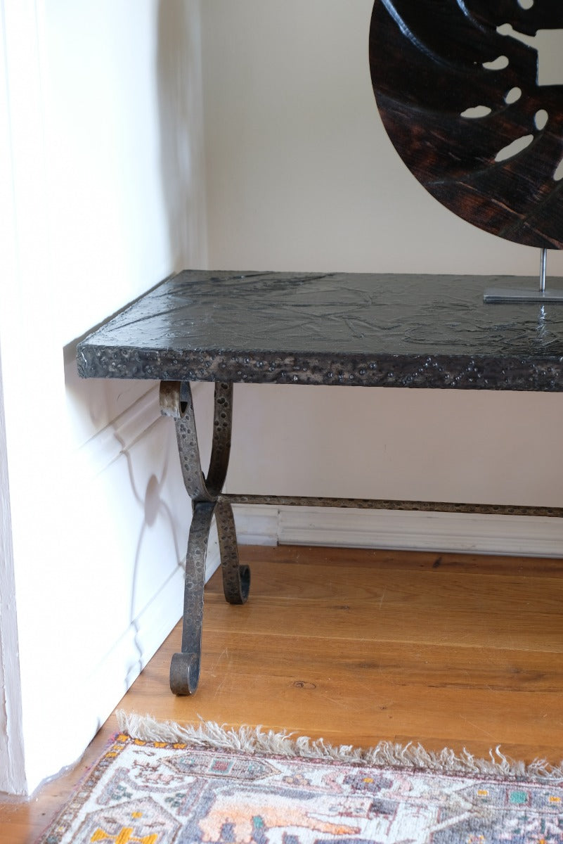 Mid 20th Century  Coffee Table Wrought Iron & Repoussé Pewter Top