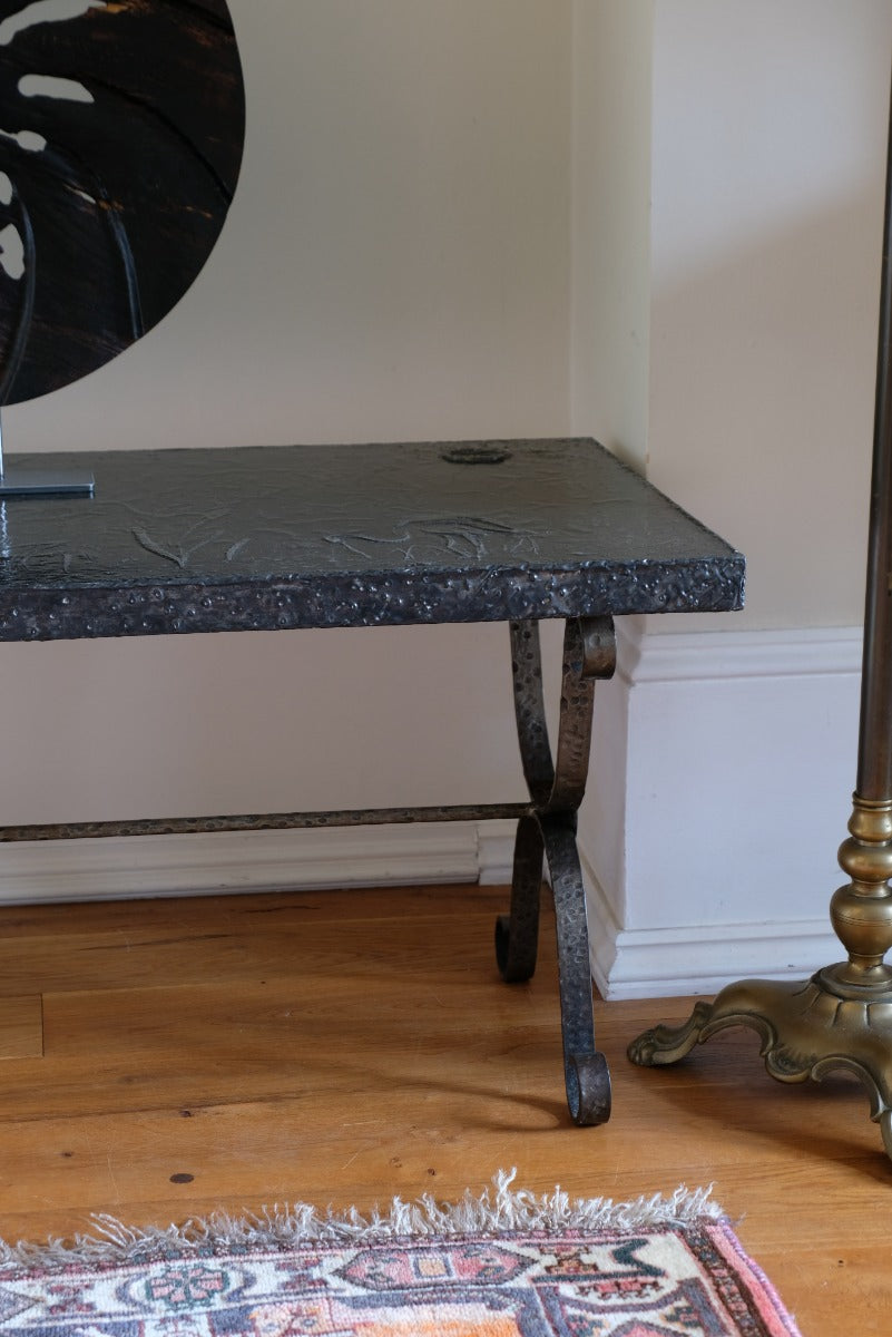 Mid 20th Century  Coffee Table Wrought Iron & Repoussé Pewter Top