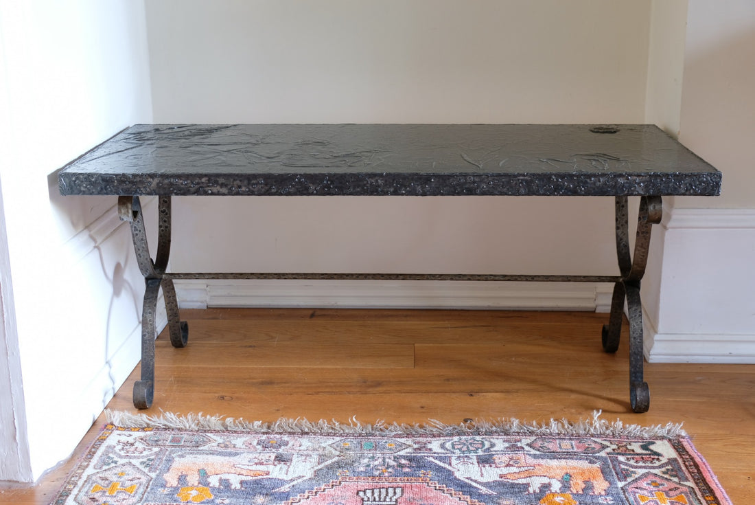 Mid 20th Century  Coffee Table Wrought Iron & Repoussé Pewter Top