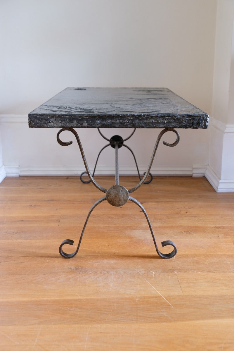 Mid 20th Century  Coffee Table Wrought Iron & Repoussé Pewter Top