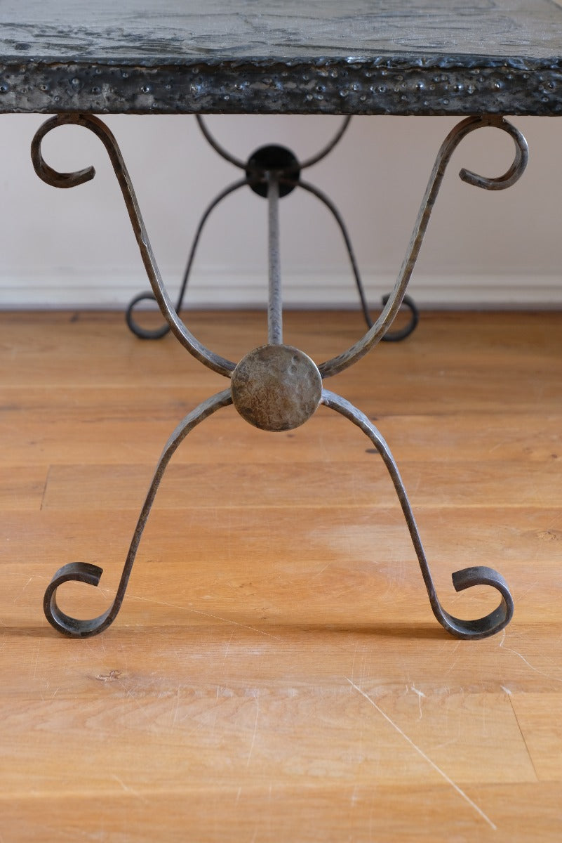 Mid 20th Century  Coffee Table Wrought Iron & Repoussé Pewter Top