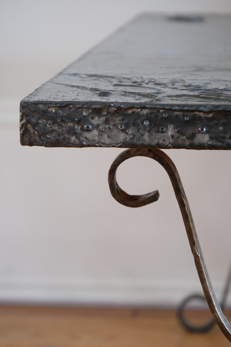 Mid 20th Century  Coffee Table Wrought Iron & Repoussé Pewter Top